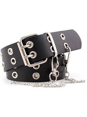 Double Grommet Studded Belt PU Leather Punk Hip Hop Waist Belt Silver Buckle
